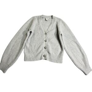 Women's Light Gray V-Neck Jeweled Button Front Cardigan Sweater M Balloon Sleeve